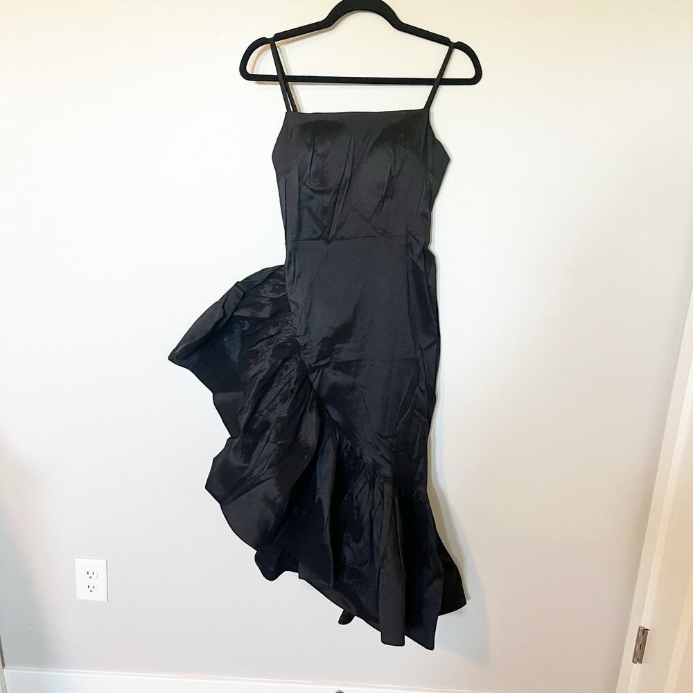 Beulah‎ style black midi dress asymmetrical ruffle cocktail party size small
